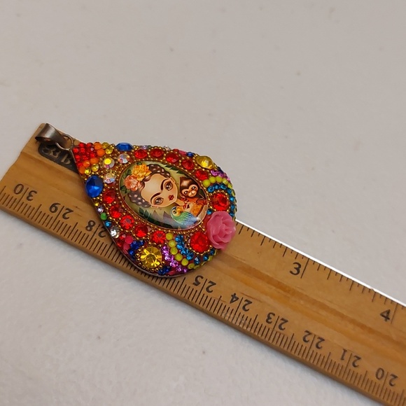 Frida Kahlo Inspired Vibrant Multicolor Crystal Paved Sterling Silver Pendant - Picture 7 of 10